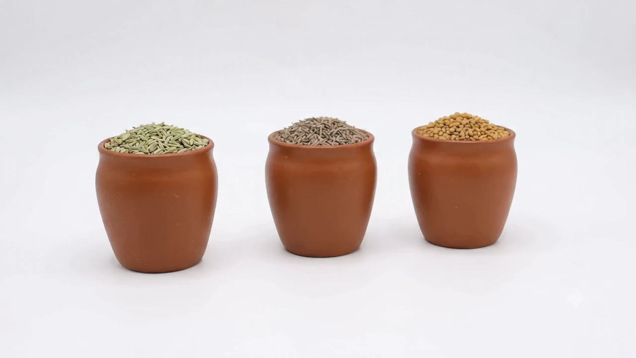 Terracotta cups spilling whole spices