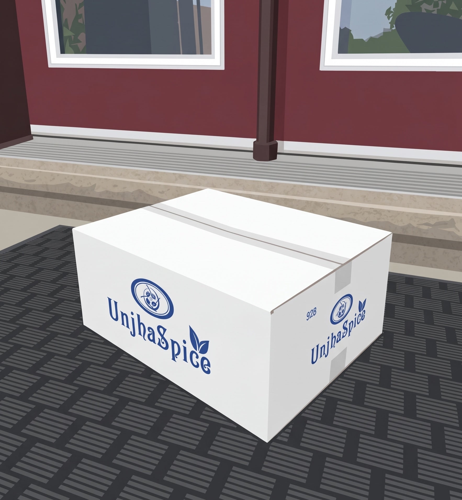 A white UnjhaSpice delivery box waiting at a doorstep
