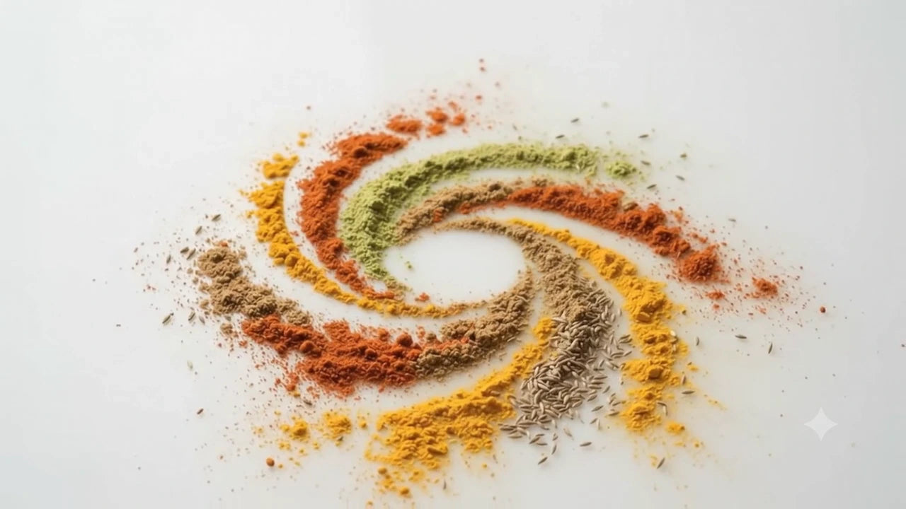 A dispersed spiral of colorful spices